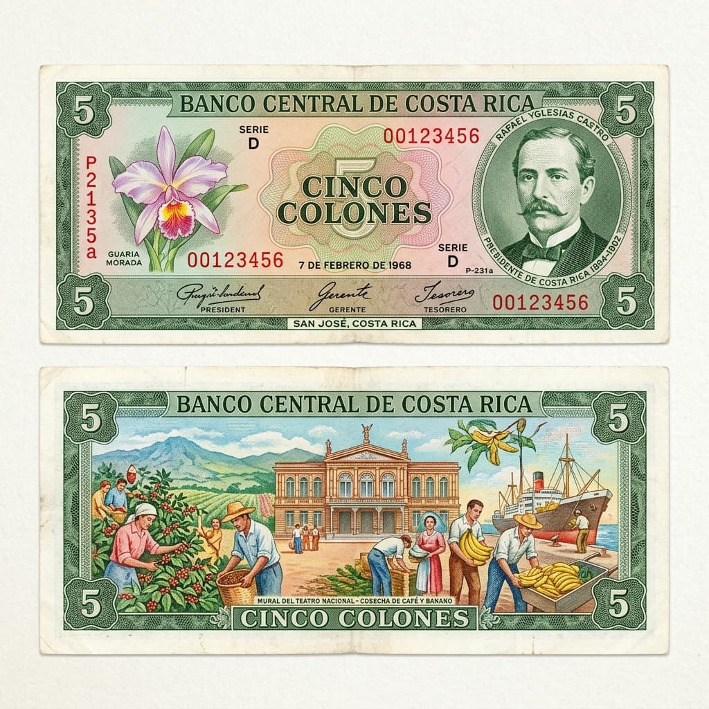 Billete de 5 Colones Serie D con Rafael Yglesias Castro y Alegoría al café